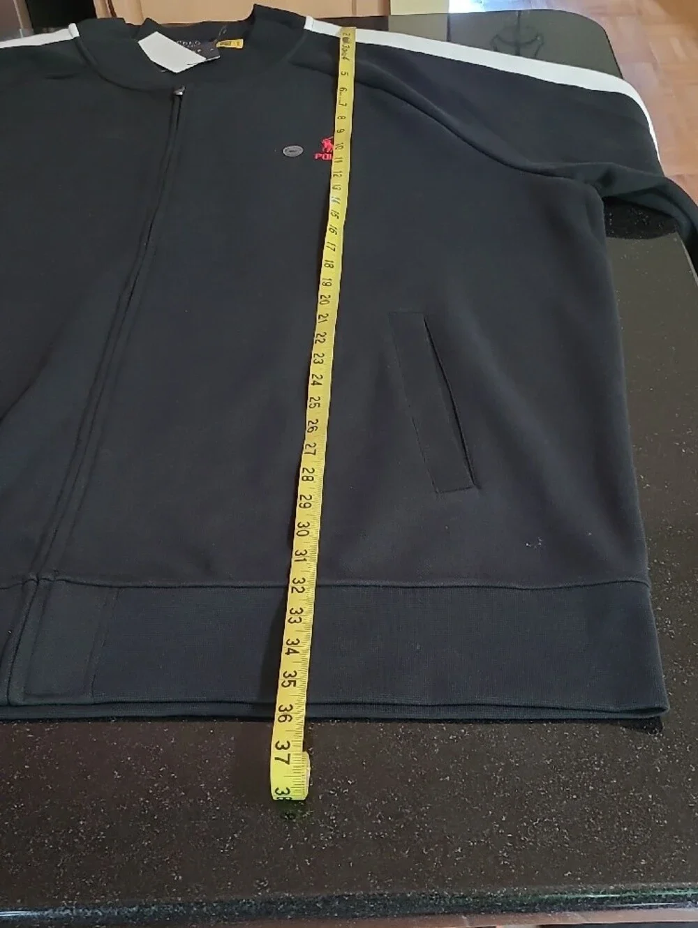 Polo by Ralph Lauren Black Track Jacket with White Sleeve Stripes and Red Logo